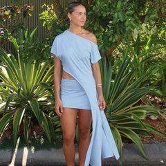 Off-Shoulder Tie Up Waist Top And Mini Skirt Set