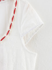 White Red Ribbon Short Sleeve Midi Dress