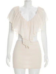 Ruffled V-Neck Crop Top And Mini Skirt Set