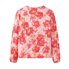 Pink Flower Print O-Collar Quilted Jacket