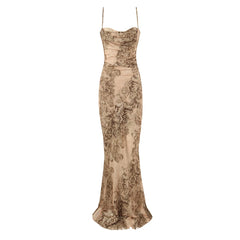 Brown Printed Satin Strappy Maxi Dress
