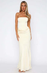 Satin Strapless Lace Up Corset Maxi Dress