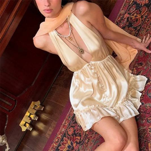 White Satin V-Neck Buttoned Mini Dress