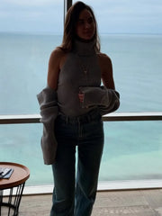 Ribbed Knit Turtleneck Cutout Shoulder  Vest Long-Sleeved Shawl 2-Piece Set Top