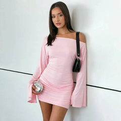 Pink Off-Shoulder Long Sleeve Ruched Mini Dress