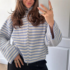 Striped Knit High Neck Zipper Cardigan