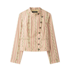 Floral Striped Jacquard  Diagonal Button Stand Collar Jacket