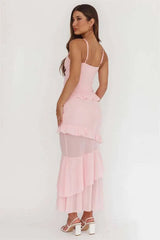 Spaghetti Strap 3D Rose V Neck Ruffle Maxi Dress