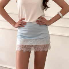 High Waist Lace Patchwork Hem Mini Satin Skirt