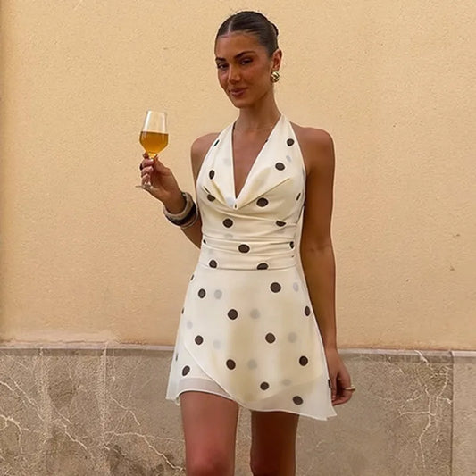 Cowl Neck Polka Dot Halter Mini Dress