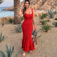 Ruffled Knitted Hollow Strap Tie Up Long Dress