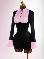 Lapel Patchwork Long SLeeve Button Bodycon Mini Dress