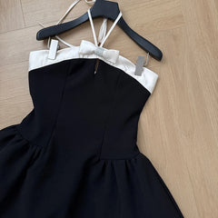 Black A-line White Satin Halter Strap Mini Dress