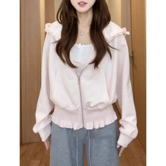 Pink Hooded Frill Hem Zipper Crop Sweatshirt