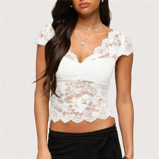 Sheer Scallop Trim Short Sleeve Top