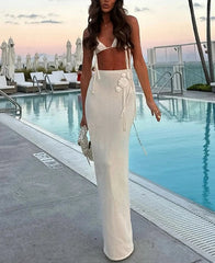 Flower White Knitted Bikini Top Low Waisted Wrap Long Skirt Suit