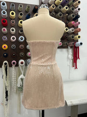 Beige Sheer Sequined Corset Draped Mini Dress