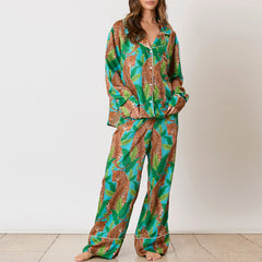 Animal Print Button-up Long Sleeve Top And Pants Set