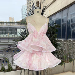 Pink Printed Deep V-Neck Spaghetti Strap Pleated Frill Mini Dress