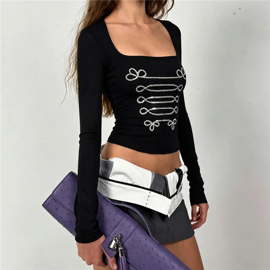 Black Square Neck Rhinestone Desgin Crop Top