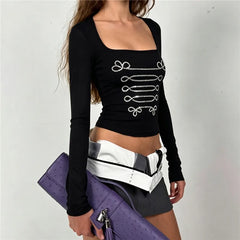 Black Square Neck Rhinestone Desgin Crop Top