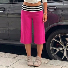 Striped Waist Wide Leg Capri Pants