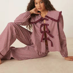 Burgendy Bow Tie Plaid Long Sleeve Babydoll Shirt And Pants Pajamas Set