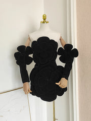 Velvet 3D Flower Strapless Mini Dress With Gloves