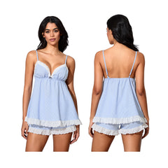 Blue Stripe V-Neck Lace Trim Babydoll Top And Shorts Set