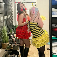 Bee costume outfit with striped bodice, ruffled yellow tutu, and wings