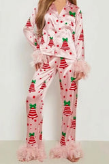 Christmas Satin Feather Trim Button-down Shirt And Pants Pj Set