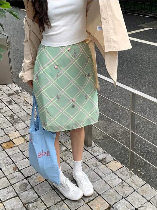 Blue Plaid Floral Mesh Midi Skirt