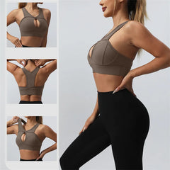 Woman wearing a brown sports bra and black leggings with close-up insets