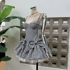 Gingham Spaghetti Strap Bow Tulle Hem Mini Dress