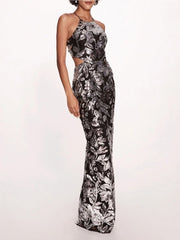 Black floral patterned dress on a white background