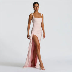 Square Neck Strap Thigh High Split Draped Long Dress