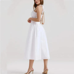 Corset Solid White Bow Halter Lacing Up Ruched Chest Midi Dress