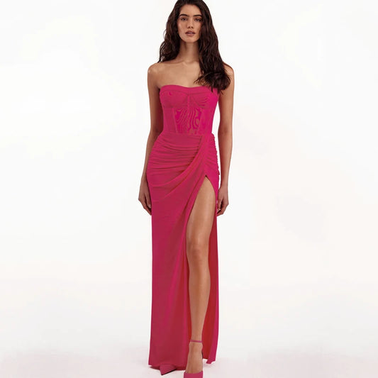 Strapless Rose Corset Pleated Asymmetrical Split Maxi Dress