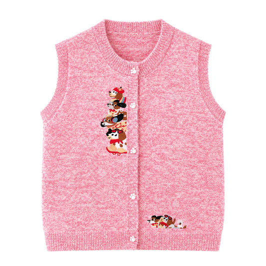 Knitted Embroidered Cartoon Button Up Vest