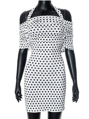White polka dot off-shoulder mini dress.