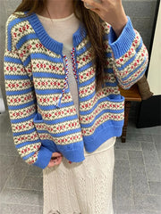 Blue Striped Jacquard Lace-up Cardigan