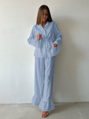 Cotton Long Sleeve Turn-Down Collar And Pants Pj Set