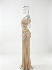 Off-Shoulder Sequin Draped Maxi Dress