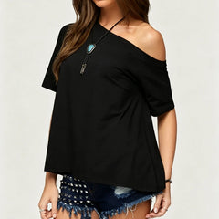 Off Shoulder Short Sleeve Distressed Tee