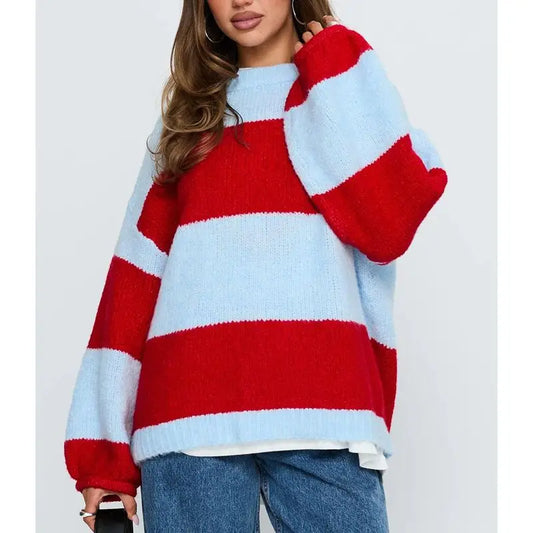 Round Neck Lantern Long Sleeve Striped Sweater