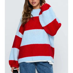 Blue And Red Round Neck Lantern Long Sleeve Striped Sweater
