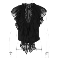 Black Chiffon Ruffle Trim V-Neck Tie Front Flutter Sleeve Sheer Crop Top