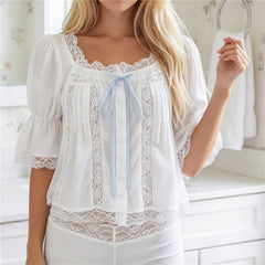 White Lace Spliced Puff Flare Sleeve Bow Tie Top