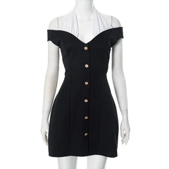 Black and White Halterneck Gold Button Mini Dress