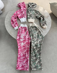 Camouflage Crop Hoodie And Track Pants Set